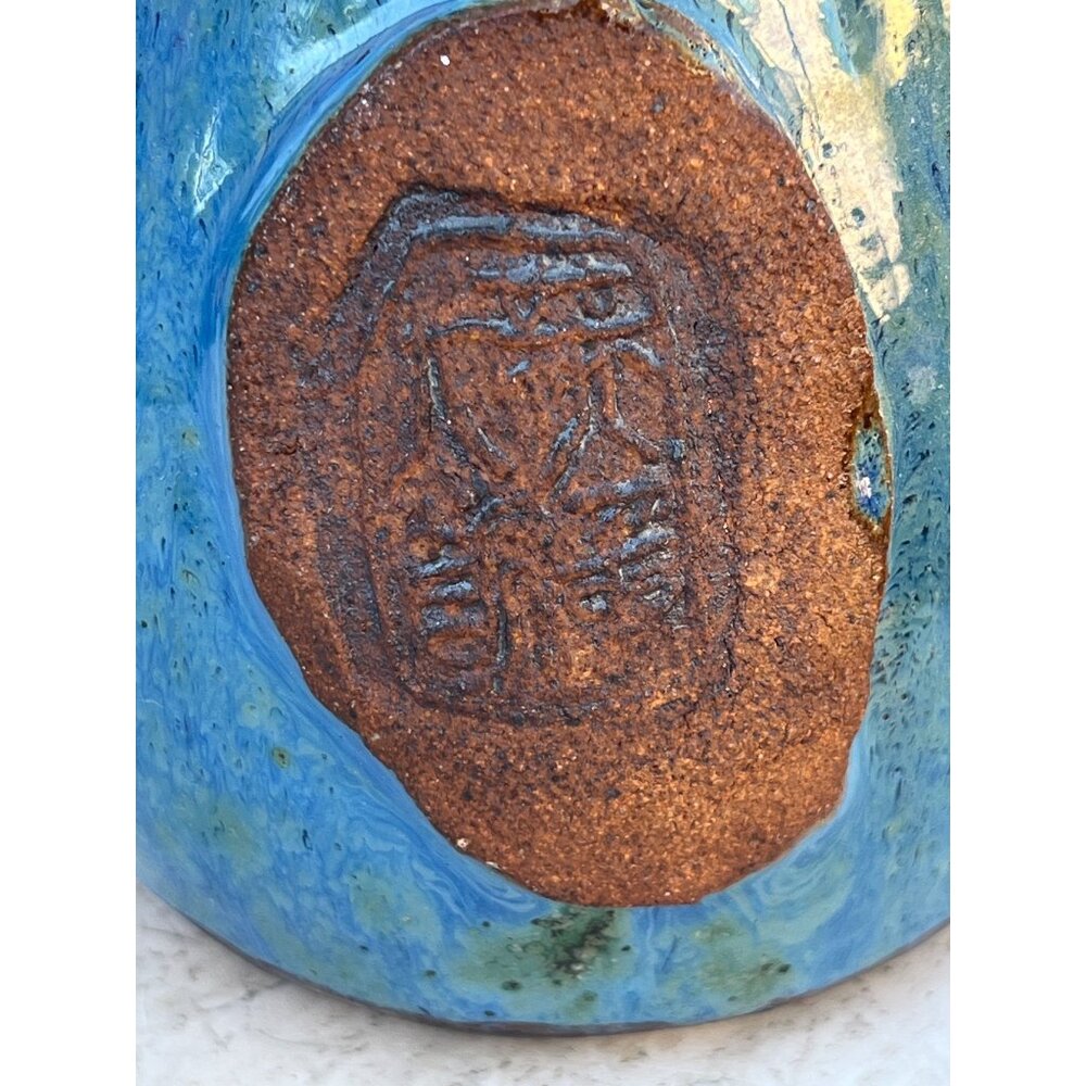 Signed Ceramic Mug Handmade Blue Glaze Stamped Front Detail 6x5x4.5 Coffee Tea - Picture 7 of 8